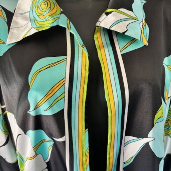 Russell Scott Silk Jacket 10 Black White Floral Open Front Collared Statement - Picture 2 of 6